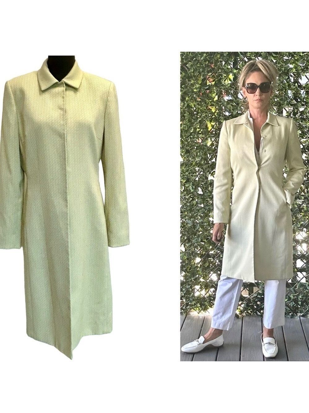 Tahari S. Levine lime green printed snap button long blazer coat jacket 6 NWOT